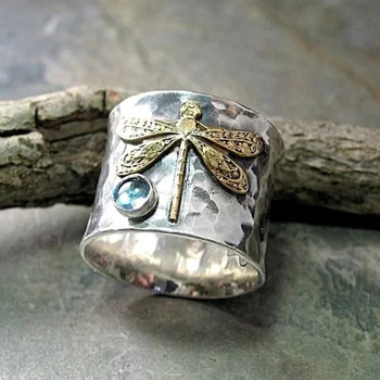 Egyedi Retro Ezüst Színű Természetes Faragott Szitakötő Gyűrű Intarziás Kék Kő Széles Gyűrű Női Eljegyzési Ékszer Ajándék